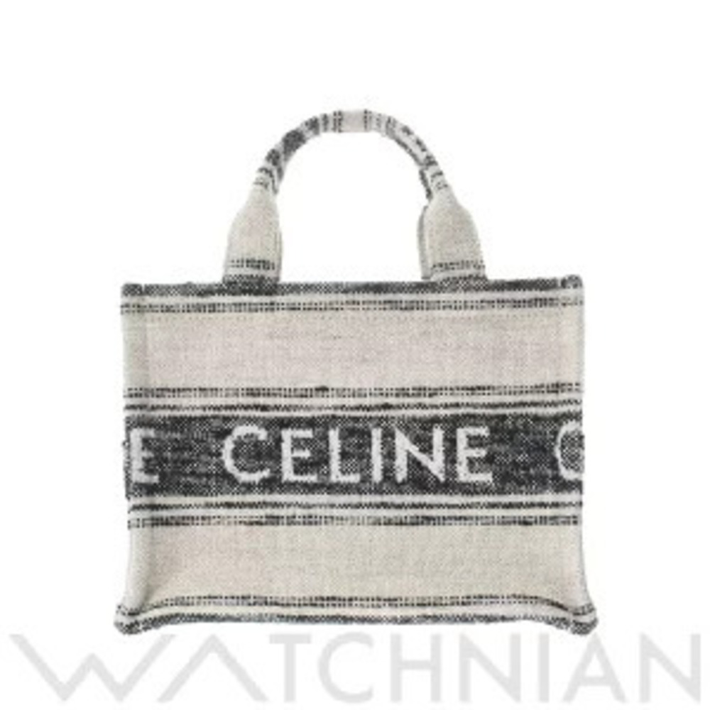 Celine Cabas Thais Tote Bag White Black Jacquard Stripe Textile